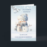 Nephew Blue Christmas Snowman Feiertagskarte<br><div class="desc">Weihnachtskarte mit blauem Schneemann,  silberner Kiefernzweig und Baubel.</div>