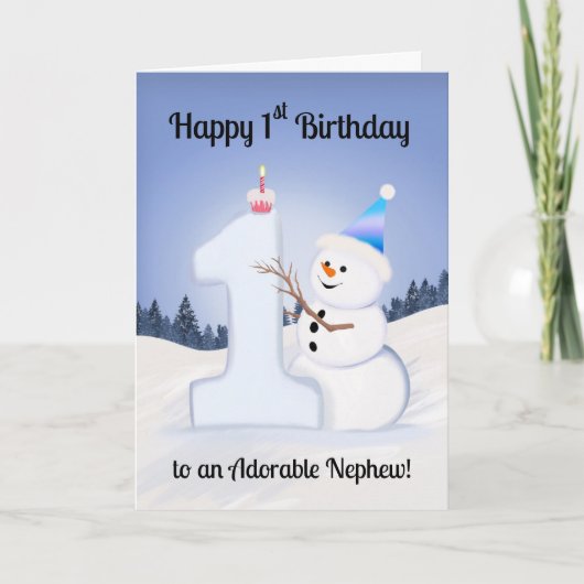 Nephew Happy 1st Birthday Snowman Building Karte (Vorderseite)