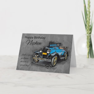 Nephew, Vintages blaues Auto im Hintergrund Karte