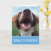 Nephew zum Geburtstag, glücklicher Hund mit großem Karte (Gelbe Blume)