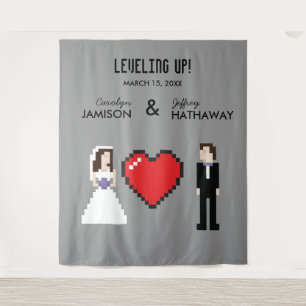 Nerdige 8-Bit-Herz-Hochzeit oder Verlobungshinterg Wandteppich