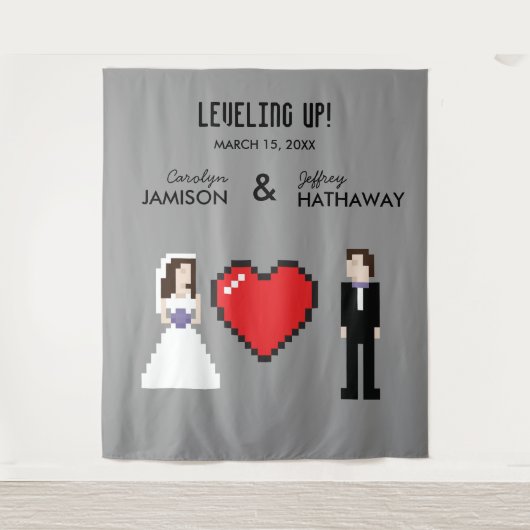 Nerdige 8-Bit-Herz-Hochzeit oder Verlobungshinterg Wandteppich (Vorderseite)
