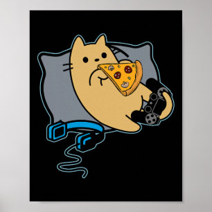Nerdige Pizza essende Gamer-Katze Spiel pausiert Poster