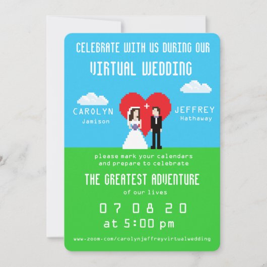 Nerdy 8-Bit Braut & Groom Virtual Wedding Einladun Save The Date (Vorderseite)