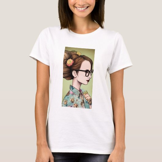 Nerdy Asian Girl Holding Books T-Shirt (Vorderseite)