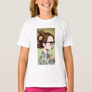 Nerdy Asian Girl Holding Books T-Shirt