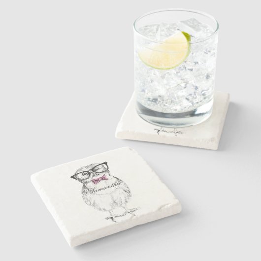 Nerdy Owlet Ink drawing Steinuntersetzer (Seitenansicht)