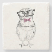 Nerdy Owlet Ink drawing Steinuntersetzer (Vorderseite)