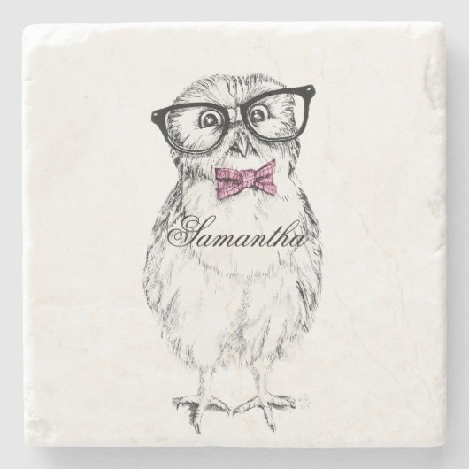 Nerdy Owlet Ink drawing Steinuntersetzer (Vorderseite)
