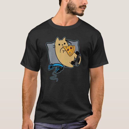 Nerdy Pizza Eating Gamer Cat Game Paused T-Shirt (Vorderseite)
