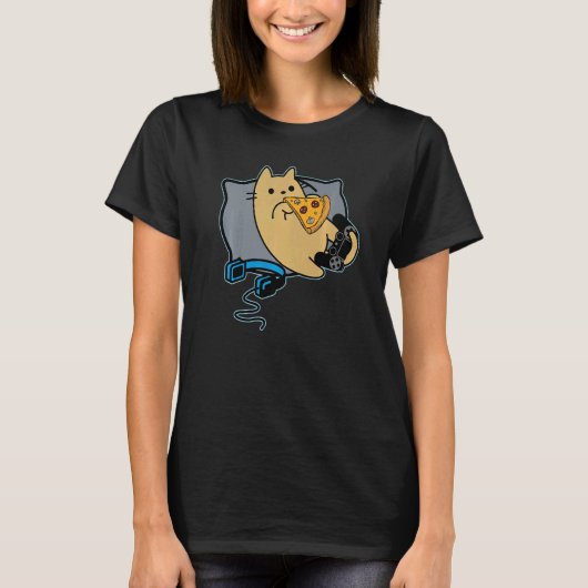 Nerdy Pizza Eating Gamer Cat Game Paused T-Shirt (Vorderseite)
