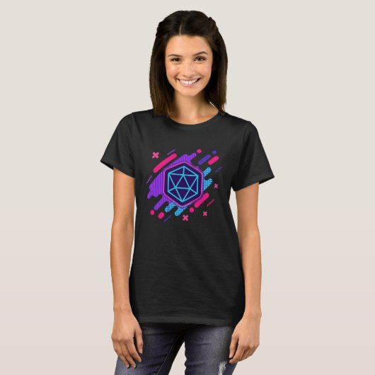 Nerdy Synthwave Polyhedral Dice Set T-Shirt (Vorne ganz)
