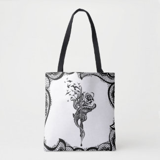 Nervöse Spitze-Stift-, Rosen- u. Vogelillustration Tasche