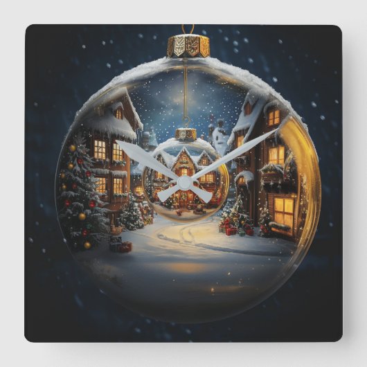 Nested Christmas Ornament Village Clock Quadratische Wanduhr (Vorderseite)