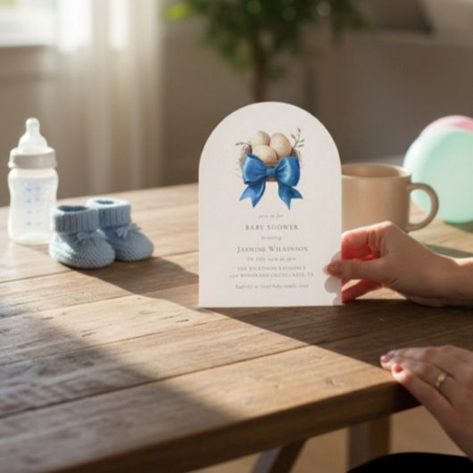 Nesting Bird Blue Bow Baby Shower Invitation Einladung