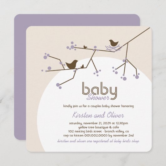 Nesting Birds Family Treppepels Babydusche Einladung (Vorne/Hinten)