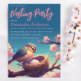 Nesting Party Bird Nest Egg Blue Pink Blossom Einladung