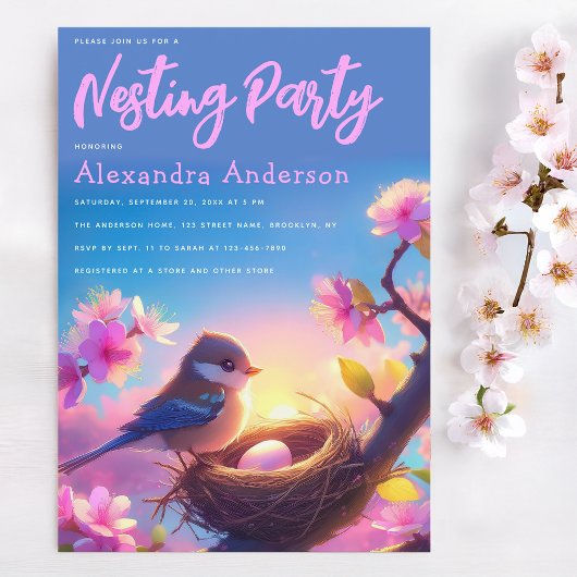 Nesting Party Niedlich Bird & Ei Floral Pink Bloss Einladung
