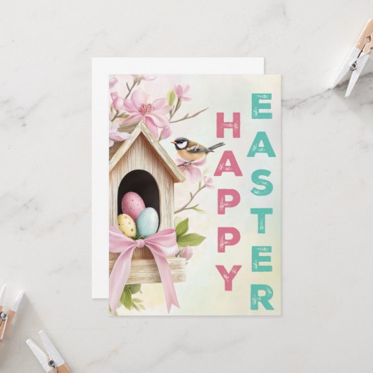 Nestled Blessings – Easter Birdhouse Charm Karte (Vorderseite/Rückseite Beispiel)