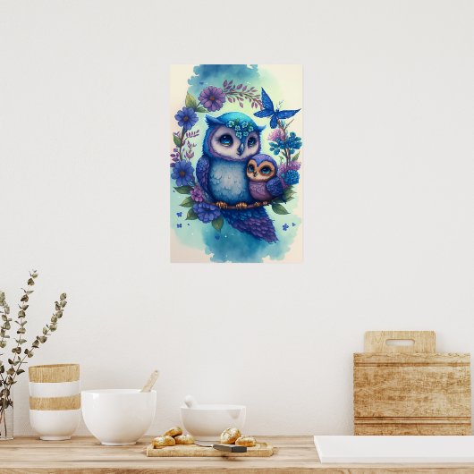 Nestling - Mama & Baby Owl Poster - Print (Küche)