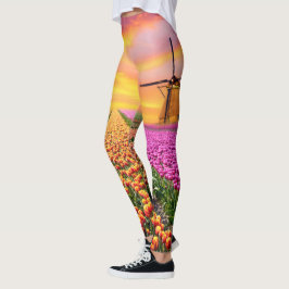 Netherland Tulpe-Bauernhof mit Windmühlen-Leggings Leggings