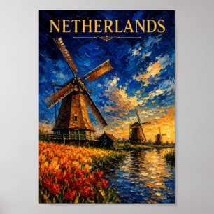 Netherlands: Golden Sunset Windmill Art Souvenir Poster