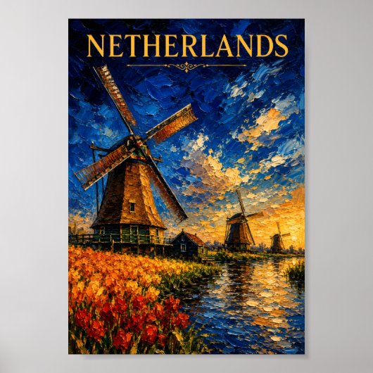 Netherlands: Golden Sunset Windmill Art Souvenir Poster (Vorne)