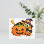 Nette Hexe und Jack-o'-Lantern-Tonfigur Postkarte (Stehend Vorderseite)