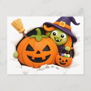 Nette Hexe und Jack-o'-Lantern-Tonfigur Postkarte