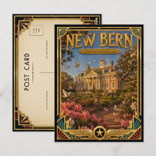 Neu Bern North Carolina Vintage Art Deco Golden Postkarte