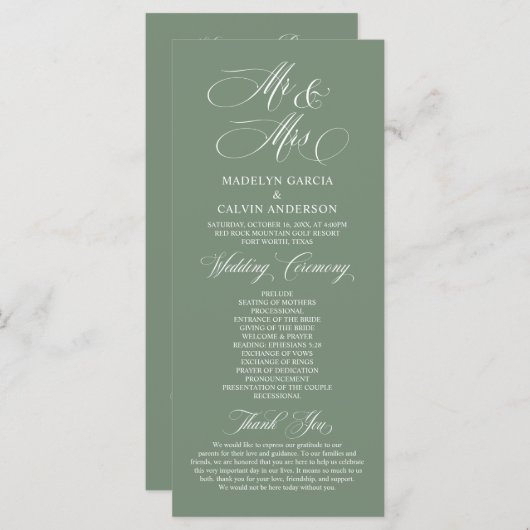 Neu Herr und Frau, Sage Green, Hochzeitsfeier Programm (Vorne/Hinten)