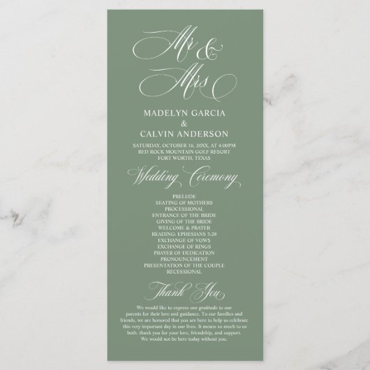 Neu Herr und Frau, Sage Green, Hochzeitsfeier Programm (Vorderseite)