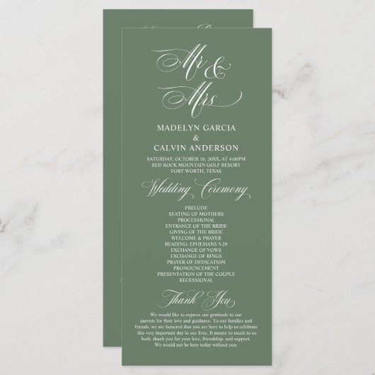 Neu Herr und Frau, Sage Green, Hochzeitsfeier Programm (Vorne/Hinten)