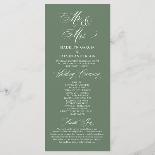 Neu Herr und Frau, Sage Green, Hochzeitsfeier Programm (Vorderseite)