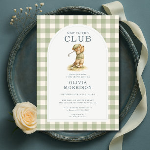 Neu im Club Golf Bär Gingham Babyparty Einladung