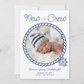 Neu in der Crew 2 Foto Blue Nautical Wheel Birth Ankündigung (Vorderseite)