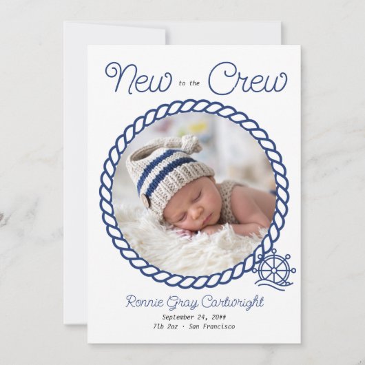Neu in der Crew 2 Foto Blue Nautical Wheel Birth Ankündigung (Vorderseite)