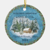 Neu verheiratete erste Weihnachtswinterhütte Keramik Ornament (Vorne)