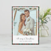 Neu verheiratete Karierte Weihnachtsfeier Feiertagskarte (Stehend Vorderseite)