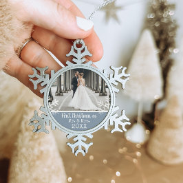 Neu verheiratetes 1. Weihnachts-Foto Dusty Blue Schneeflocken Zinn-Ornament
