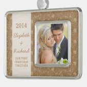 Neu verheiratetes erstes WeihnachtsFoto Rustic Bur Rahmen-Ornament Silber (Links)