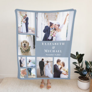 Neu verheiratetes Foto Collage Dusty Blue Wedding Fleecedecke