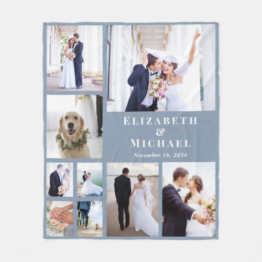 Neu verheiratetes Foto Collage Dusty Blue Wedding Fleecedecke (Vorderseite)