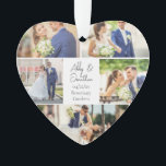 Neu verheiratetes Paar Foto Collage Herz geformt Ornament<br><div class="desc">Dieses wunderschöne, frisch vermählte Paar mit einem herzförmigen Weihnachtsgeschenk zeigt ein klassisches Layout von 5 Fotos auf weißem Hintergrund mit Namen, Ort und Datum der verheirateten Ehepaare. Ein wunderbares Erinnerungsgeschenk für Ihre Ehefrau oder Ihren Ehemann, das Foto für immer zu genießen. Fügen Sie ein vollständiges Foto auf der Rückseite hinzu....</div>