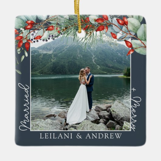 Neu verheiratetes Weihnachtsgebäck Foto Watercolor Keramikornament (Vorderseite)