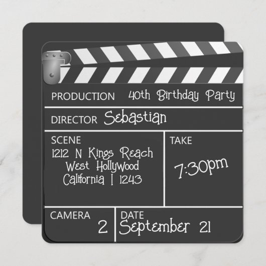 Neuartiger Personalisierter Film Clapperboard Gebu Einladung (Vorne/Hinten)