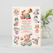 Neuartiges Karneval Circus Festival 1. Geburtstag Einladung (Stehend Vorderseite)