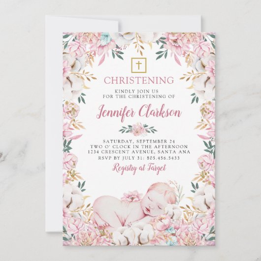 Neuborn Floral Christening Einladung (Vorderseite)