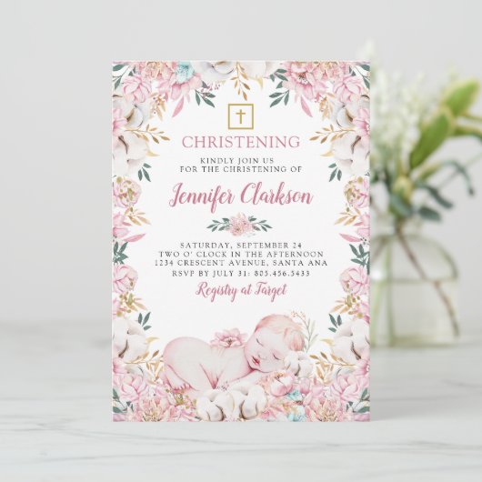 Neuborn Floral Christening Einladung (Stehend Vorderseite)