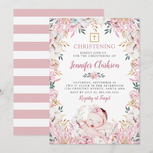 Neuborn Floral Christening Einladung (Vorne/Hinten)